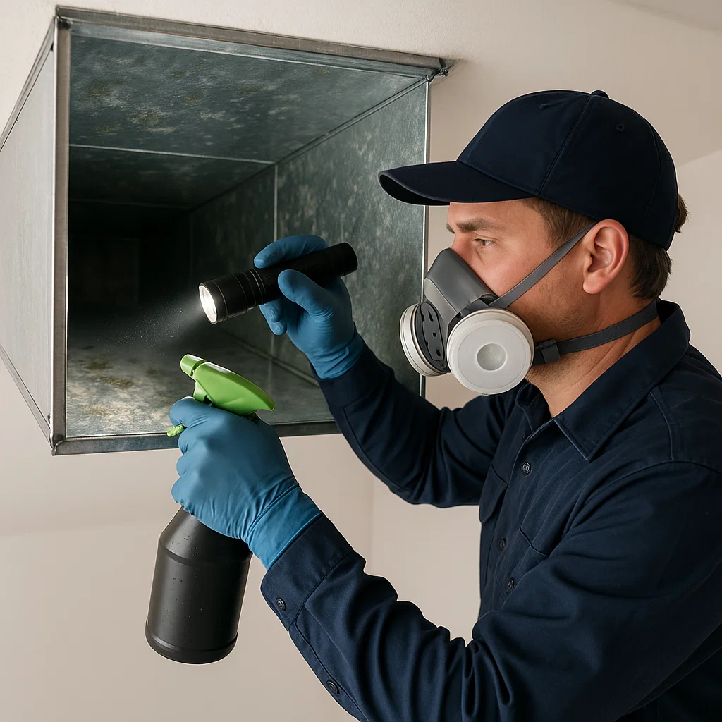  Alvin TX air duct cleaning technician inspecting ducts for mold and moisture damage