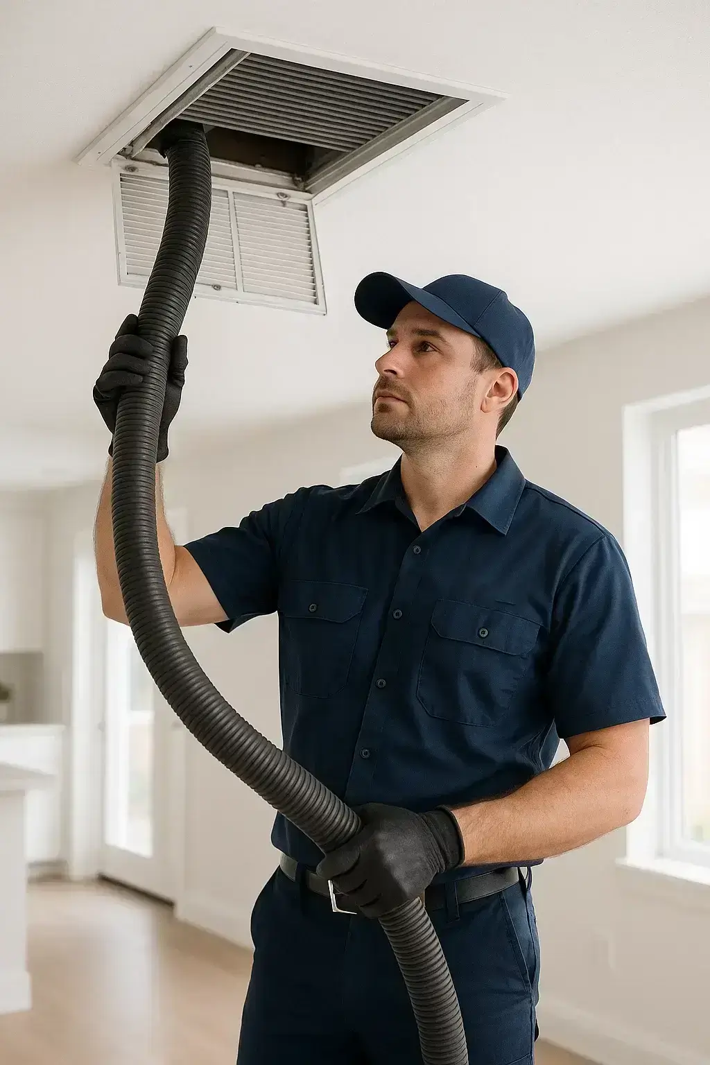 Professional Alvin TX Air Ducts Cleaning technician inspecting a residential vent